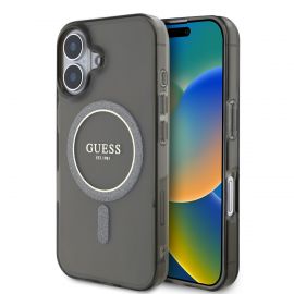 Juodas originalus dėklas Guess 4G IML MagSafe MagSafe telefonui Apple iPhone 16