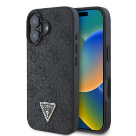 Juodas dėklas Guess PU 4G Strass Triangle Metal Logo telefonui Apple iPhone 16