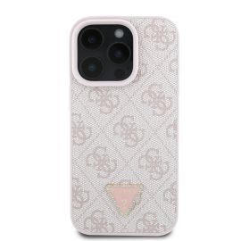 Rausvas dėklas Guess PU 4G Strass Triangle Metal Logo telefonui Apple iPhone 16 Pro Max