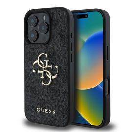 Pilkas originalus dėklas Guess PU 4G Metal Logo telefonui Apple Iphone 16 Pro