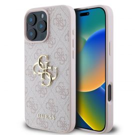 Rausvas originalus dėklas Guess PU 4G Metal Logo telefonui Apple Iphone 16 Pro