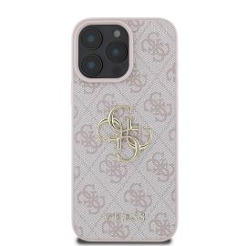 Rausvas originalus dėklas Guess PU 4G Metal Logo telefonui Apple Iphone 16 Pro Max