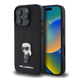 Juodas blizgantis originalus dėklas Karl Lagerfeld Fixed Glitter Metal Ikonik telefonui Apple iPhone 16 Pro