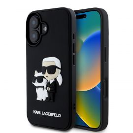 Juodas originalus dėklas Karl Lagerfeld 3D Rubber Karl and Choupette telefonui Apple iPhone 16 Plus