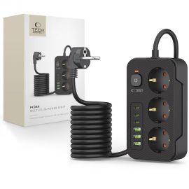 Juodas buitinis prailgintuvas "TECH-PROTECT PC3X6 POWER SOCKET 3 USB & 3 TYPE-C & 3 SOCKET 200CM"