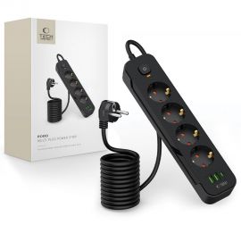 Juodas buitinis prailgintuvas "TECH-PROTECT PCL4X3 POWER SOCKET LONG 2 USB & 1 TYPE-C & 4 SOCKET 200CM"