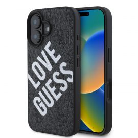 Juodas dėklas Guess PU Leather 4G Big Love Logo MagSafe telefonui Apple iPhone 16