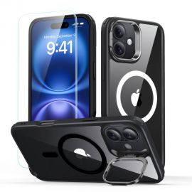 Juodas-skaidrus dėklas su apsauginiu stiklu Apple Iphone 16 "Esr Classic Hybrid Kickstand Halolock Magsafe"