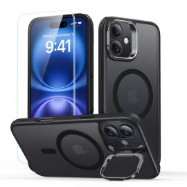 Juodas frosted dėklas su apsauginiu stiklu Apple Iphone 16 "Esr Classic Hybrid Kickstand Halolock Magsafe"
