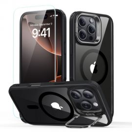 Skaidrus-juodas dėklas su apsauginiu stiklu Apple Iphone 16 Pro "Esr Classic Hybrid Kickstand Halolock Magsafe"
