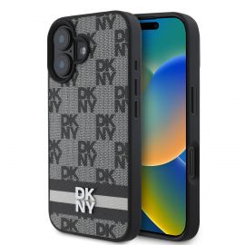 Juodas dėklas telefonui Apple Iphone 16 "DKNY PU Leather Checkered Pattern and Stripe"