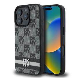 Juodas dėklas telefonui Apple Iphone 16 Pro Max "DKNY PU Leather Checkered Pattern and Stripe"