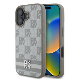 Beige dėklas telefonui Apple Iphone 16 "DKNY PU Leather Checkered Pattern and Stripe"