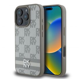 Beige dėklas telefonui Apple Iphone 16 Pro Max "DKNY PU Leather Checkered Pattern and Stripe"