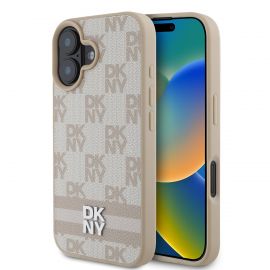 Rausvas dėklas telefonui Apple Iphone 16 "DKNY PU Leather Checkered Pattern and Stripe"