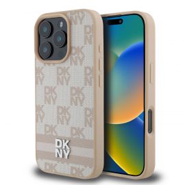 Rausvas dėklas telefonui Apple Iphone 16 Pro Max "DKNY PU Leather Checkered Pattern and Stripe"