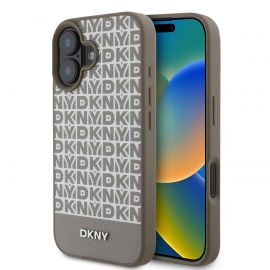 Rudas dėklas telefonui Apple Iphone 16 "DKNY PU Leather Repeat Pattern Bottom Stripe MagSafe"