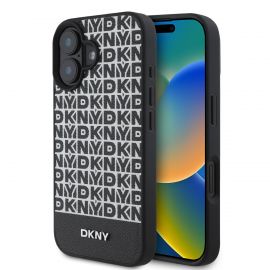 Juodas dėklas telefonui Apple Iphone 16 Plus "DKNY PU Leather Repeat Pattern Bottom Stripe MagSafe"
