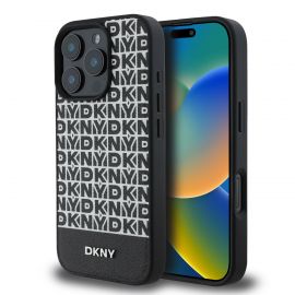 Juodas dėklas telefonui Apple Iphone 16 Pro Max "DKNY PU Leather Repeat Pattern Bottom Stripe MagSafe"