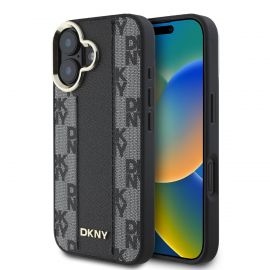 Juodas dėklas telefonui Apple Iphone 16 Plus "DKNY PU Leather Checkered Pattern Magsafe"
