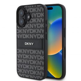Juodas dėklas telefonui Apple Iphone 16 Plus "DKNY PU Leather Repeat Pattern Tonal Stripe"