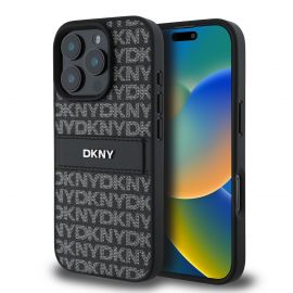Juodas dėklas telefonui Apple Iphone 16 Pro Max "DKNY PU Leather Repeat Pattern Tonal Stripe"