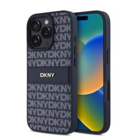 Mėlynas dėklas telefonui Apple Iphone 16 Pro Max "DKNY PU Leather Repeat Pattern Tonal Stripe"