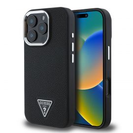 Juodas dėklas Guess PU Grained Triangle Logo telefonui Apple iPhone 16 Pro Max