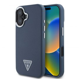 Mėlynas dėklas Guess PU Grained Triangle Logo telefonui Apple iPhone 16