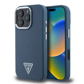 Mėlynas dėklas Guess PU Grained Triangle Logo telefonui Apple iPhone 16 Pro Max