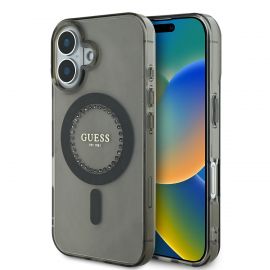 Juodas dėklas Guess IML Rhinestones Ring MagSafe telefonui Apple Iphone 16