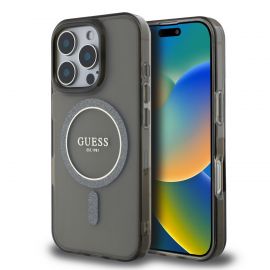 Juodas blizgantis dėklas Guess IML Glitter Ring MagSafe telefonui Apple iPhone 16 Pro Max