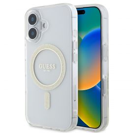 Skaidrus blizgantis dėklas Guess IML Glitter Ring MagSafe telefonui Apple iPhone 16 Plus