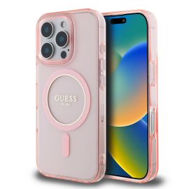 Rožinis blizgantis dėklas Guess IML Glitter Ring MagSafe telefonui Apple iPhone 16 Pro Max