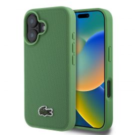 Žalias originalus dėklas Lacoste Iconic Petit Pique Woven Logo telefonui Apple iPhone 16 Plus