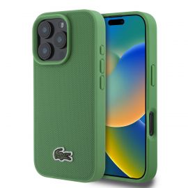 Žalias originalus dėklas Lacoste Iconic Petit Pique Woven Logo telefonui Apple iPhone 16 Pro