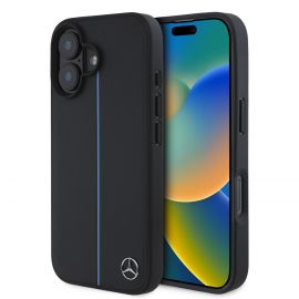 Juodas originalus dėklas Mercedes Leather Blue Stripe MagSafe telefonui Apple iPhone 16