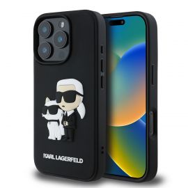 Juodas originalus dėklas Karl Lagerfeld 3D Rubber Karl and Choupette telefonui Apple iPhone 16 Pro Max