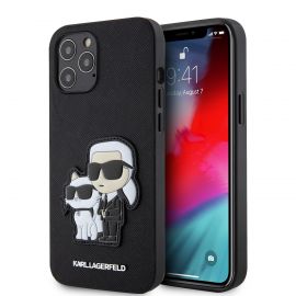 Juodas originalus dėklas Karl Lagerfeld PU Saffiano Karl and Choupette telefonui Apple iPhone 12/12 Pro