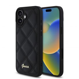 Juodas originalus dėklas Guess PU Leather Quilted telefonui Apple iPhone 16