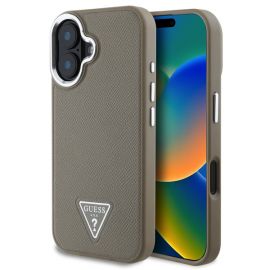 Rudas dėklas Guess PU Grained Triangle Logo telefonui Apple iPhone 16