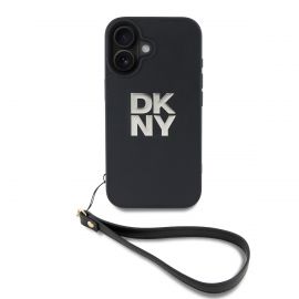 Juodas dėklas DKNY PU Leather Stack Logo Wrist Strap telefonui Apple iPhone 16