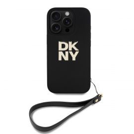 Juodas dėklas DKNY PU Leather Stack Logo Wrist Strap telefonui Apple iPhone 16 Pro Max