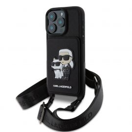 Juodas dėklas Karl Lagerfeld Saffiano Crossbody Metal Karl and Choupette telefonui Apple iPhone 16 Pro