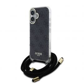 Juodas originalus dėklas Guess IML 4G Printed Crossbody telefonui Apple iPhone 16