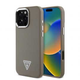 Rudas dėklas Guess PU Grained Triangle Logo telefonui Apple iPhone 16 Pro Max