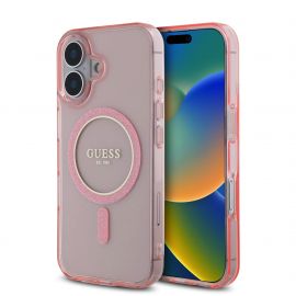 Rausvas blizgantis dėklas Guess IML Glitter Ring MagSafe telefonui Apple iPhone 16