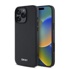 Juodas dėklas telefonui Apple Iphone 16 Pro Max "DKNY PU Leather Silver Metal Logo Magsafe"