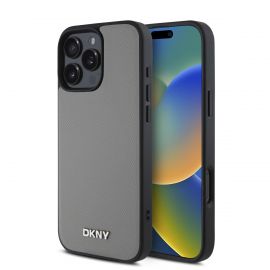 Pilkas dėklas telefonui Apple Iphone 16 Pro Max "DKNY PU Leather Silver Metal Logo Magsafe"