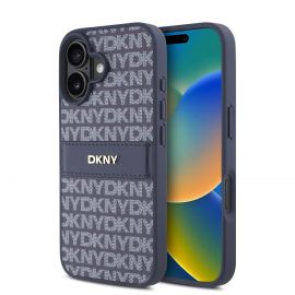Mėlynas dėklas telefonui Apple Iphone 16 "DKNY PU Leather Repeat Pattern Tonal Stripe"